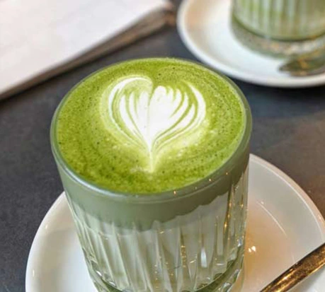 Green matcha latte drink at the wellness bar